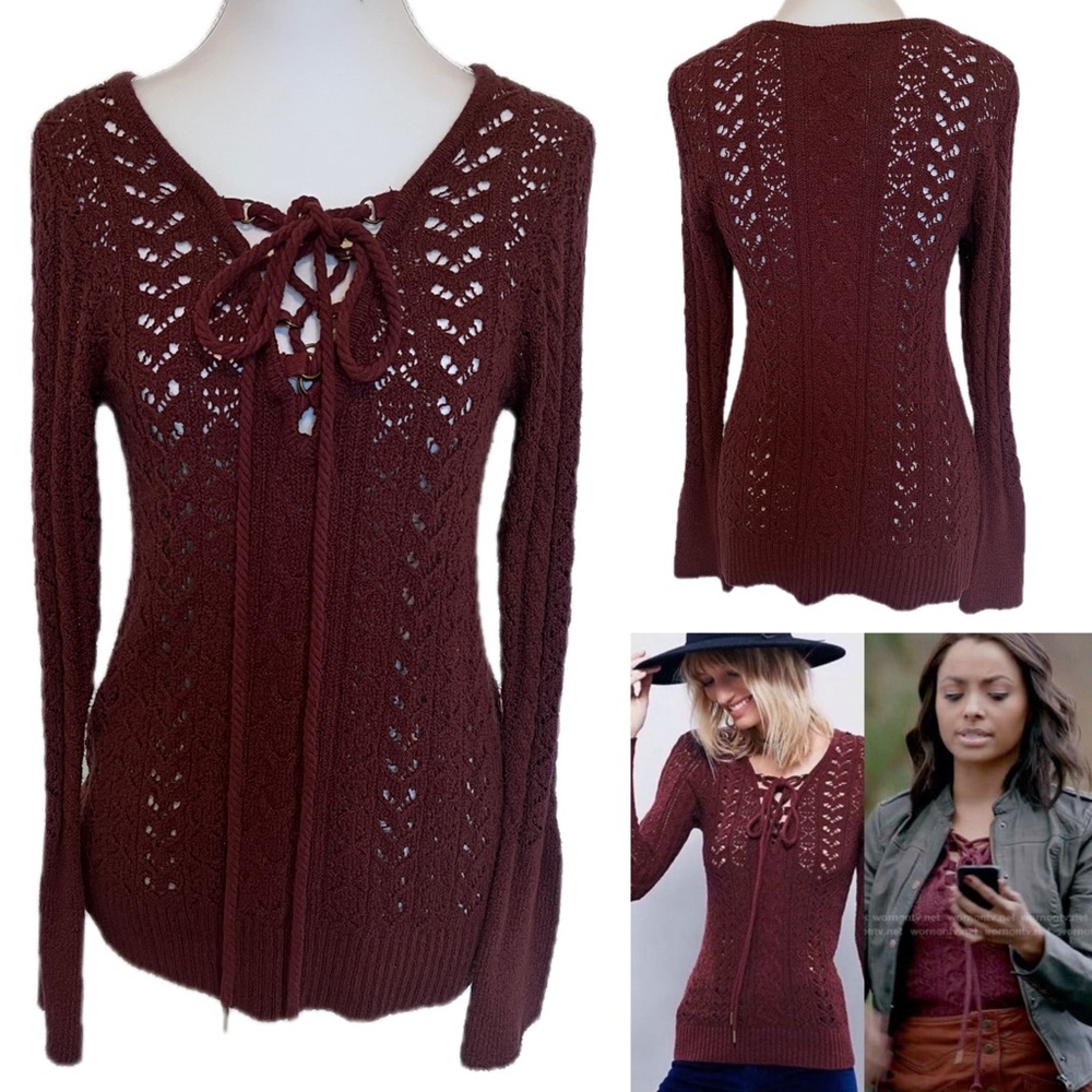 Free People open knit burgundy sweater Bonnie Vampire Diaries wore this style